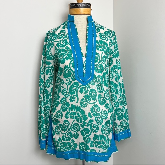 Tory Burch Tops - Tory Burch Blue Green & White Cotton V neck Tunic Top size 2 (435)